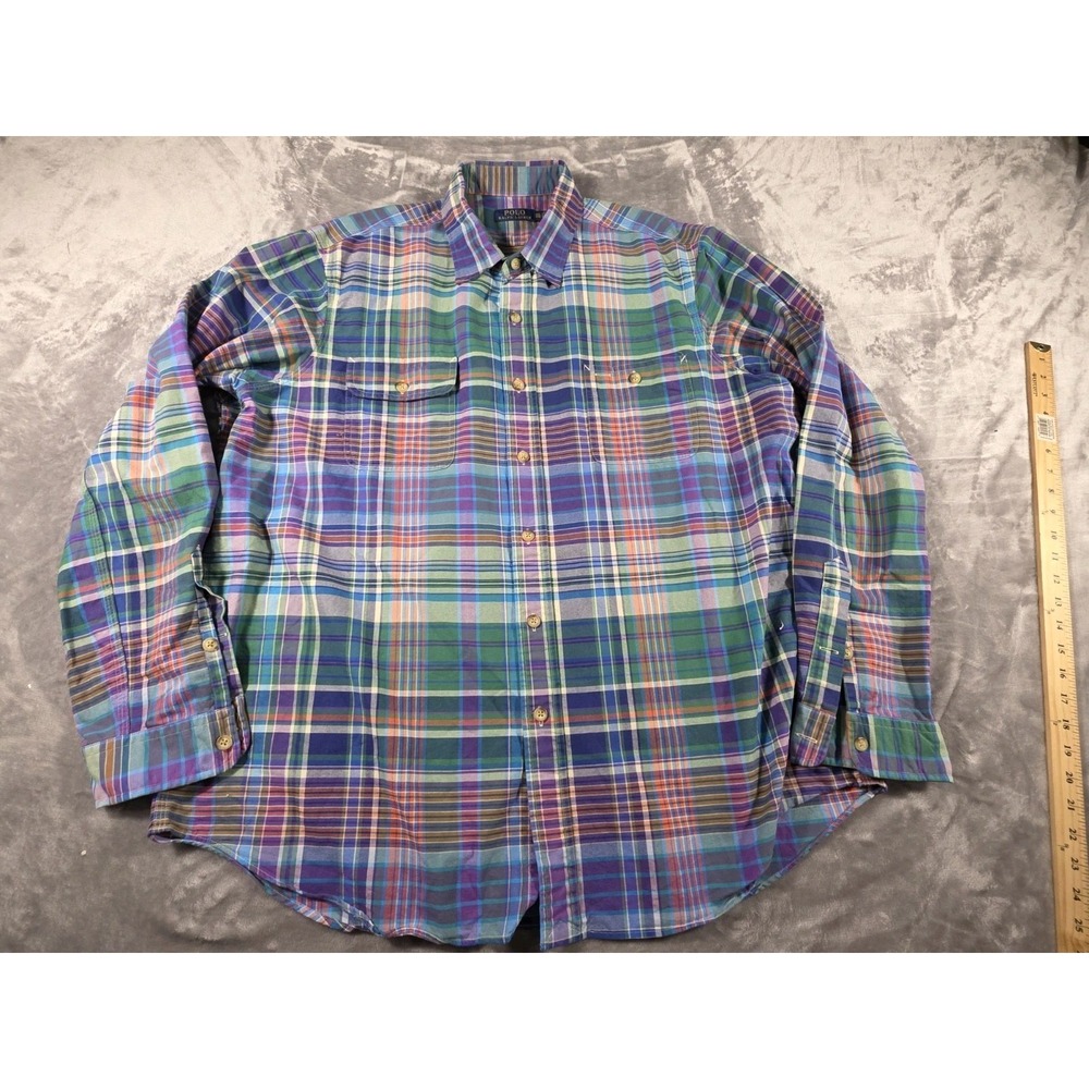 Polo Ralph Lauren Twill Button Up Shirt‎ 2XL Purple/Green/Orange Plaid Preppy